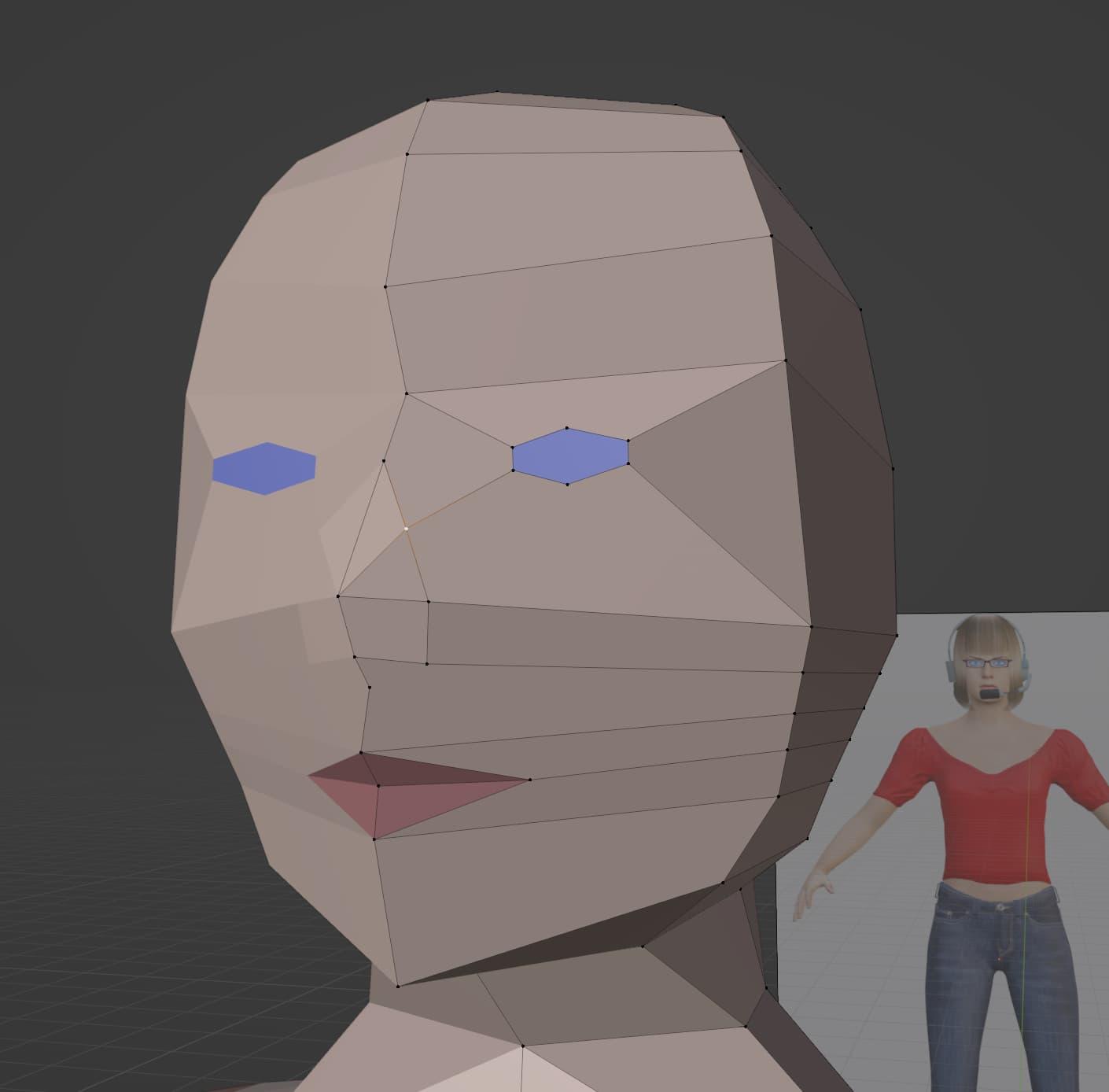 Blue eyes, a rudimentary nose, and pink lips have been added to the low-poly bald head. The low-geometry look is somewhat reminiscent of the visual effects used in the 1992 film The Lawnmower Man, or a character from the Canadian animated series ReBoot