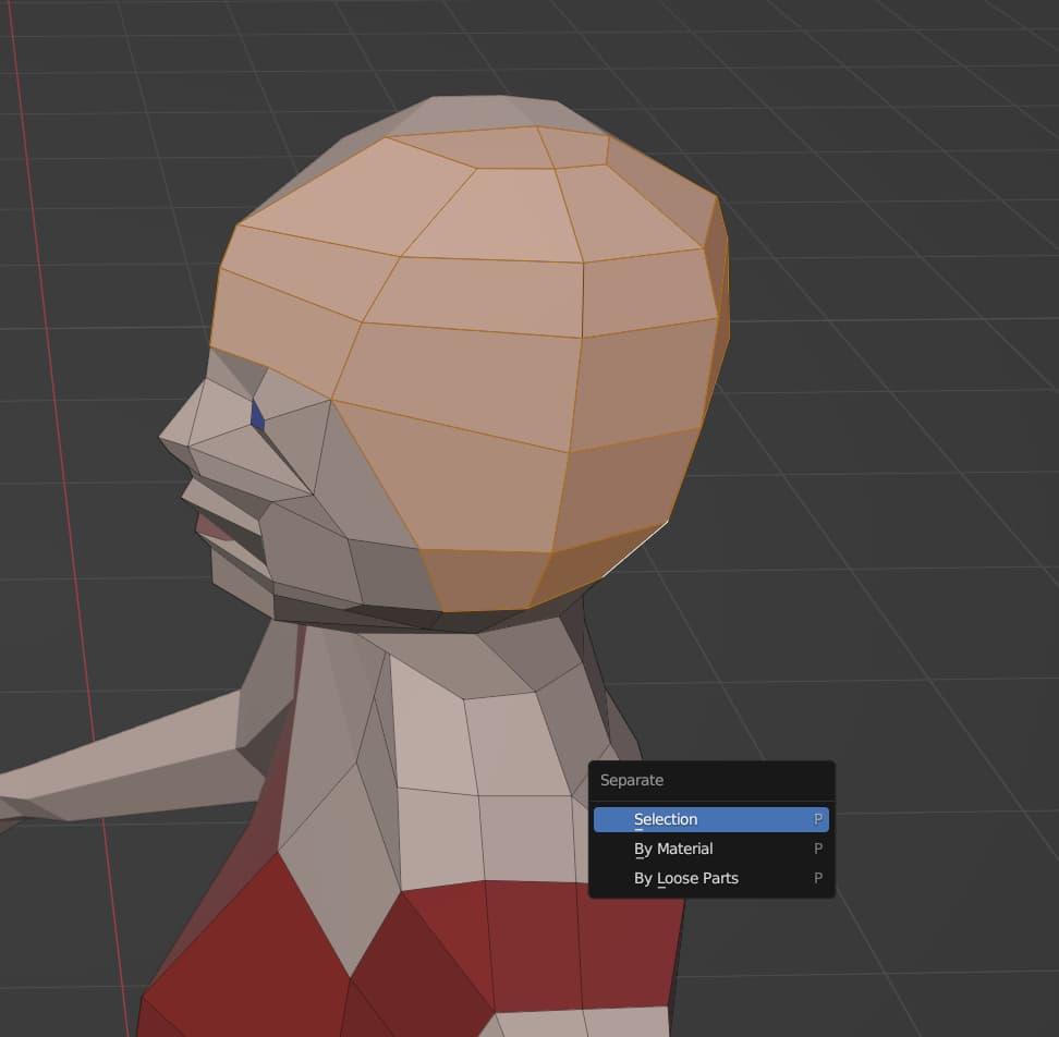 The top and sides of the head are selected, and a context menu with Separate > Selection is highlighted