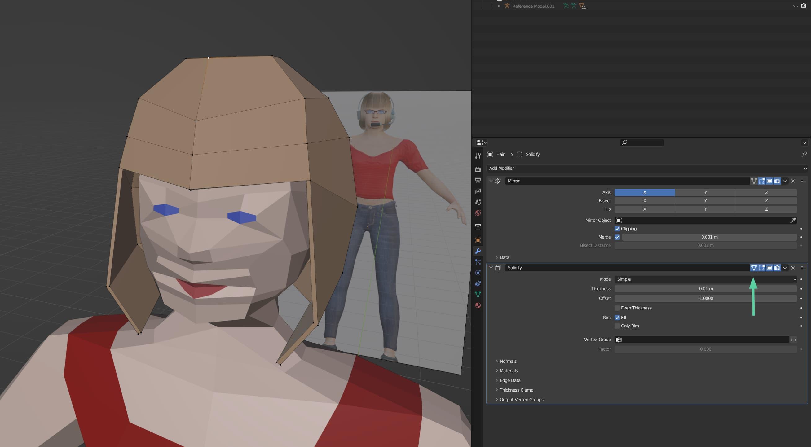 The model now has blonde hair, and the hair object has a mirror modifier and a solidify modifier applied to it. A small button on the solidify modifier menu has been selected