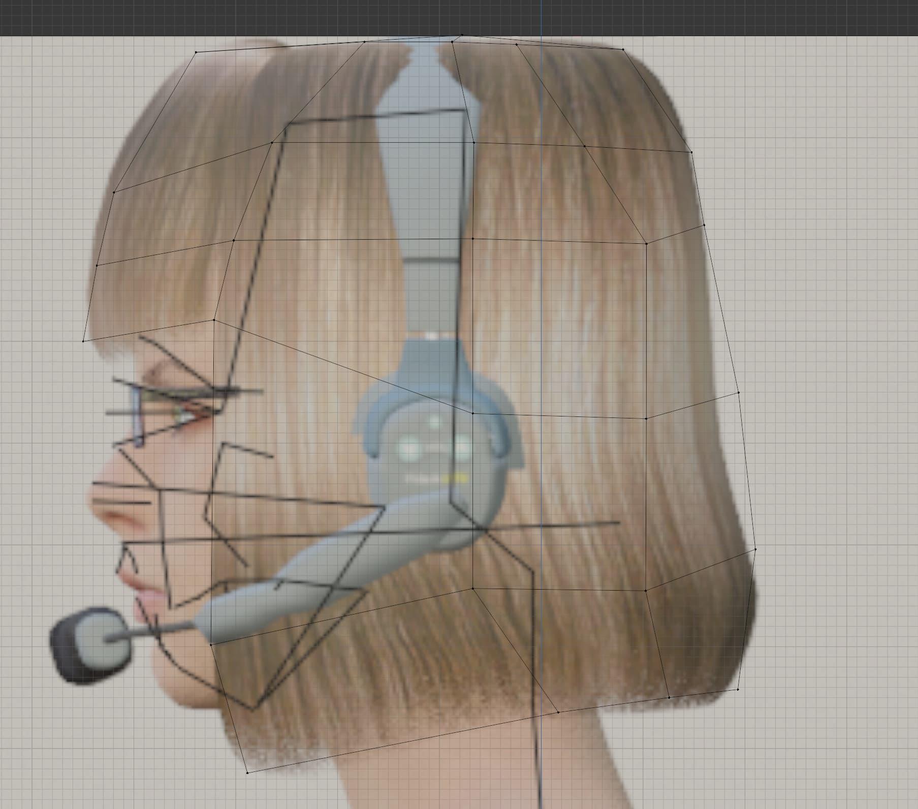 A side profile of a woman's head with blonde hair and a headset. A faint outline is present around the shape of the hair