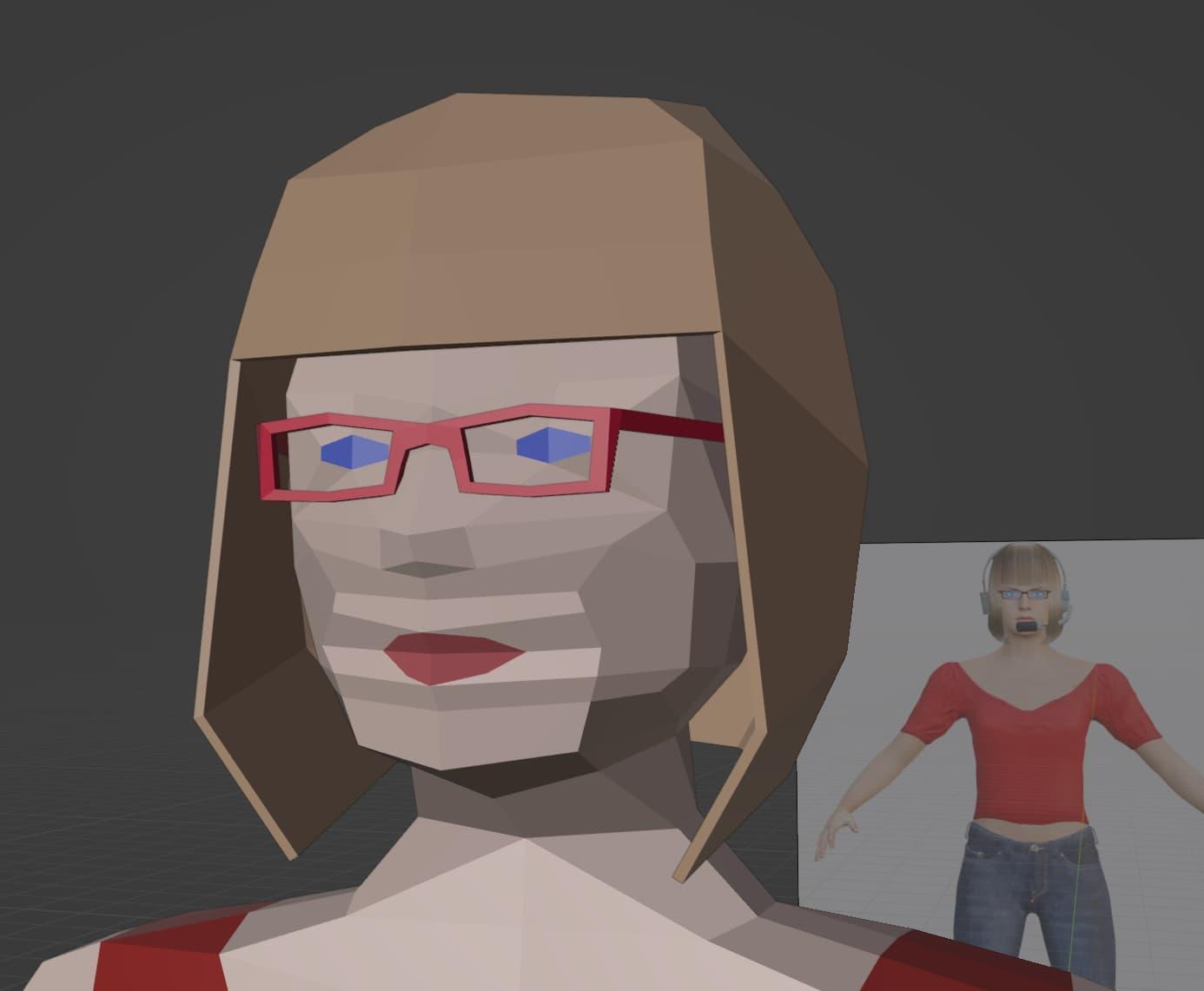 A 3D model of a blonde woman's head, with blue eyes and pink lips, wearing red glasses