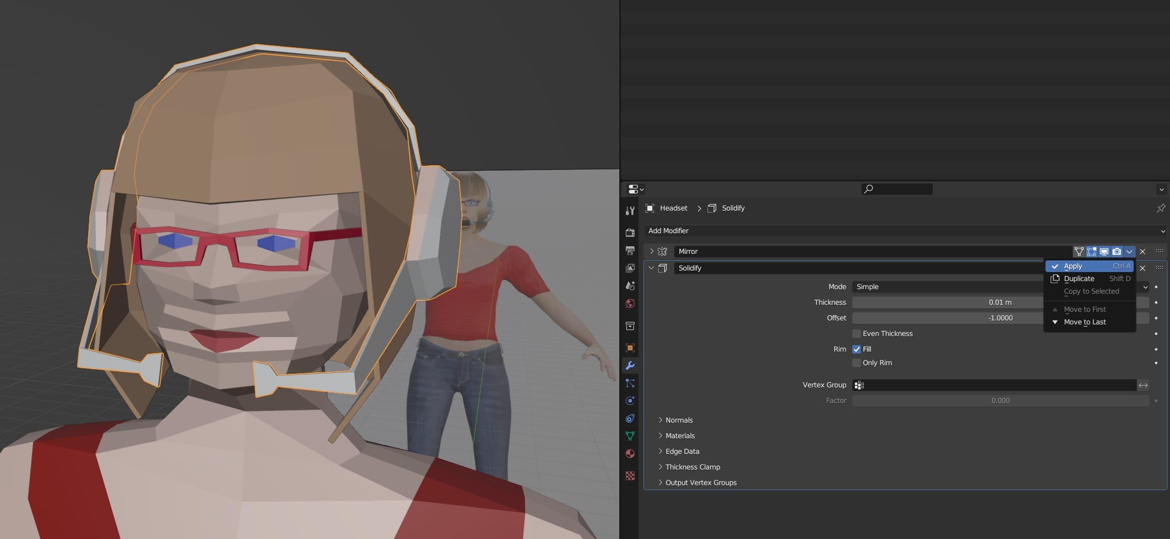 The model's head now has a headset on it, with two ear cups and two microphones. On the right side of the screen, the Apply option on the Mirror Modifier's menu is highlighted