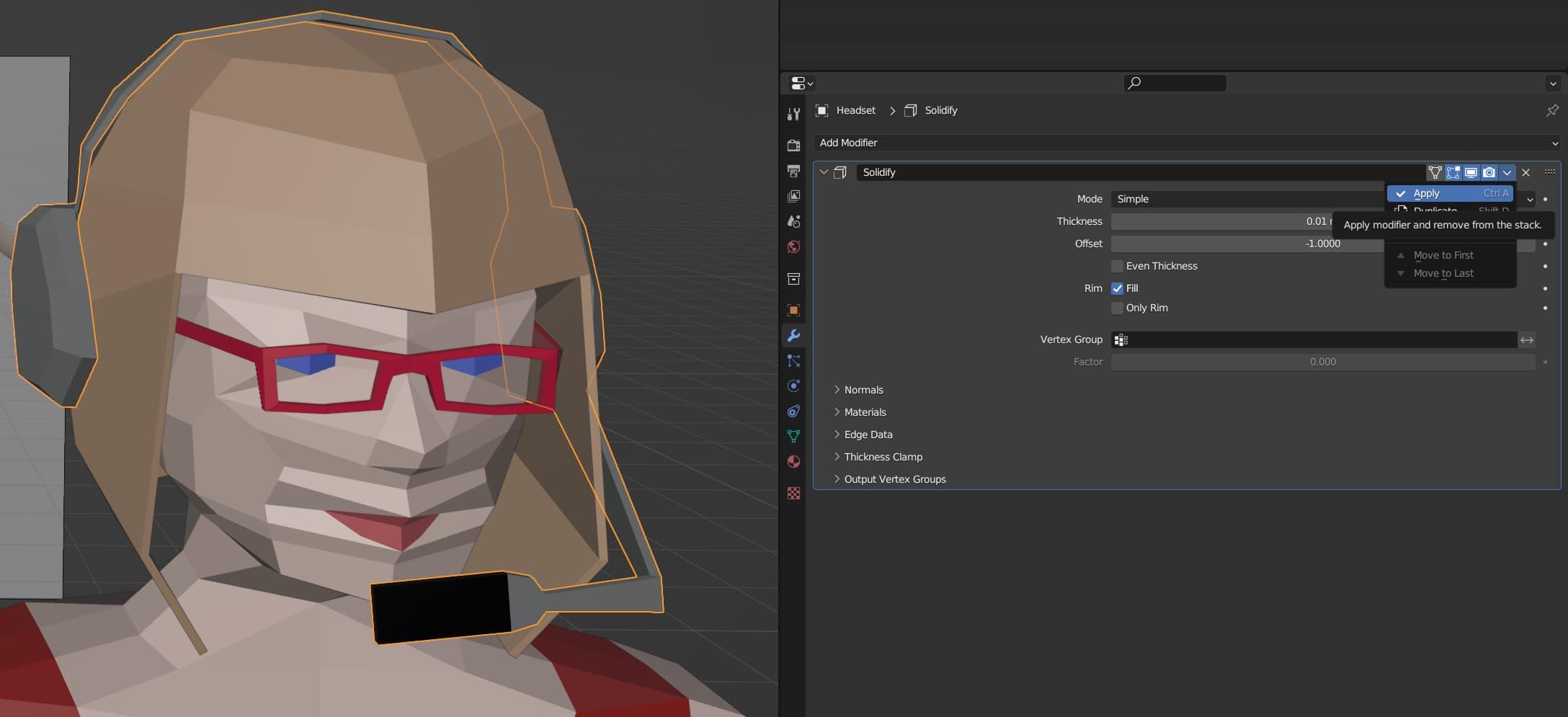 The model's head is now wearing a more reasonable-looking headset with one microphone. On the right side of the screen, the Apply option on the Solidify Modifier's context menu has been highlighted
