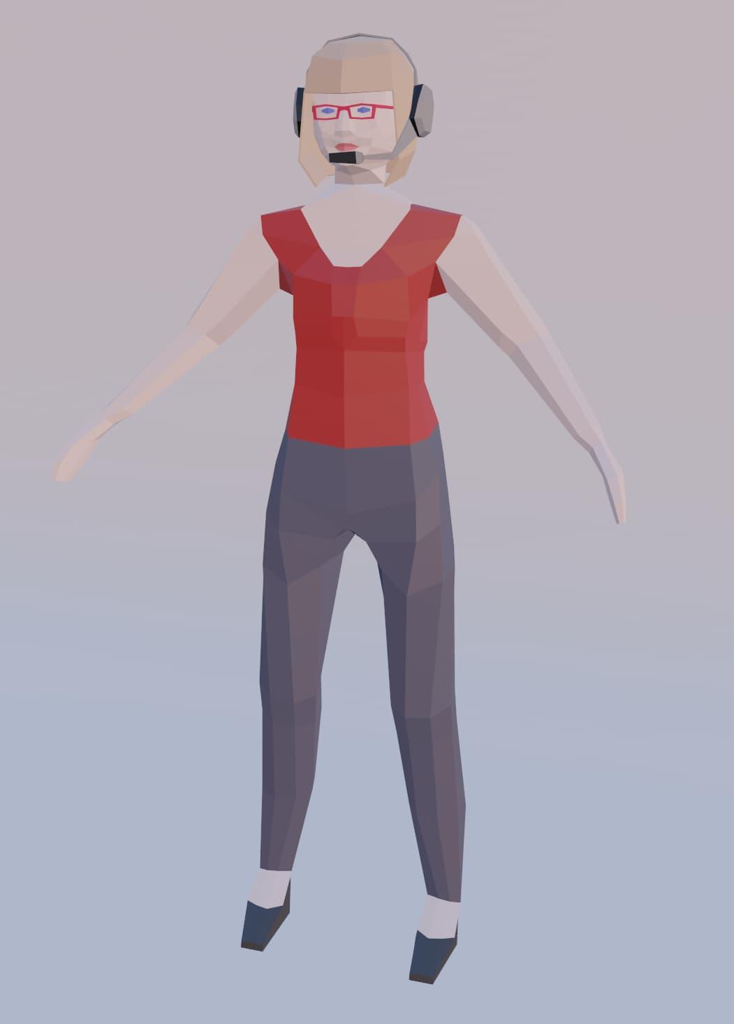 3D model of Proxy - a blonde woman wearing a red shirt, blue pants, red glasses, and a headset, making an A pose