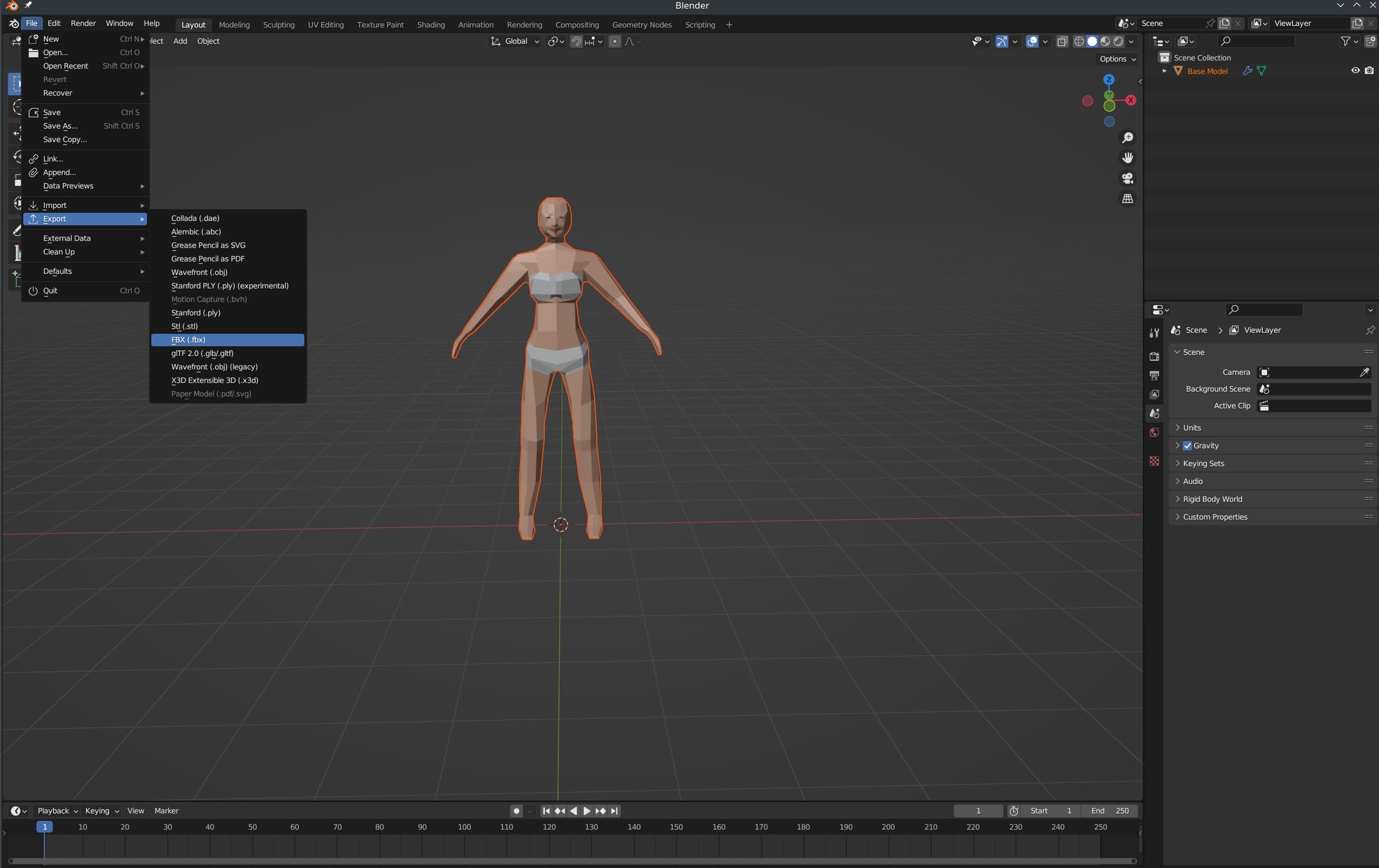 A screenshot of Blender's interface. In the middle of the screen, a low-poly female character without hair, clothing, or accessories is in an "A pose". On the left of the screen, the File button, the Export button, and the FBX button are highlighted