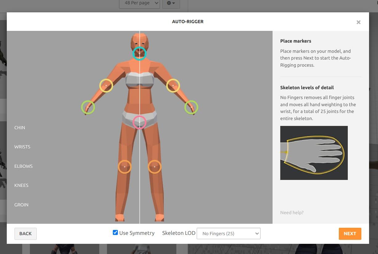 A low-poly female character in Mixamo's auto-rigger has circles around the neck, elbows, wrists, groin, and knees