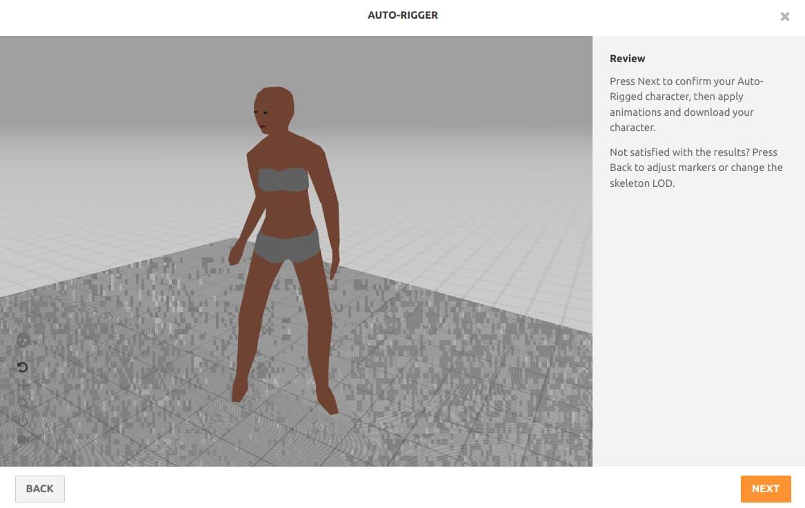 A low-poly female character is performing a dynamic "look around" animation. Back and Next buttons appear on the bottom of the dialog