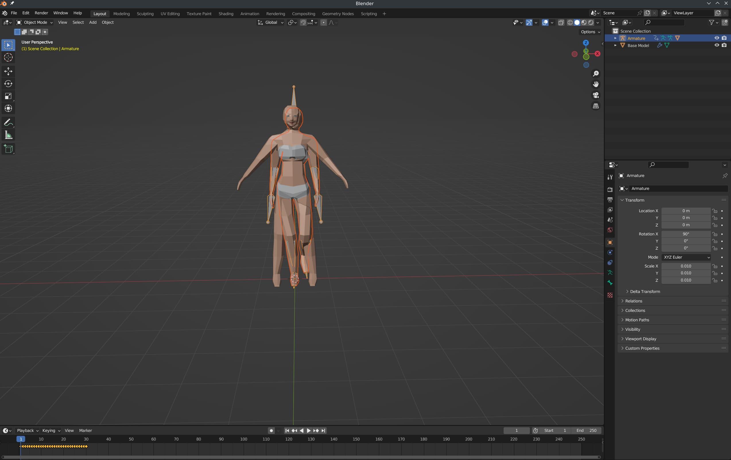 Blender's interface, with two low-poly female character models overlapping one another. One is in a different pose