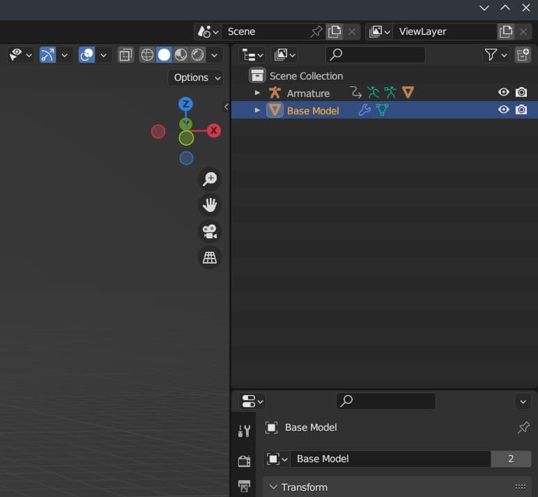 A portion of Blender's interface, with Base Model selected in blue, and Armature above it