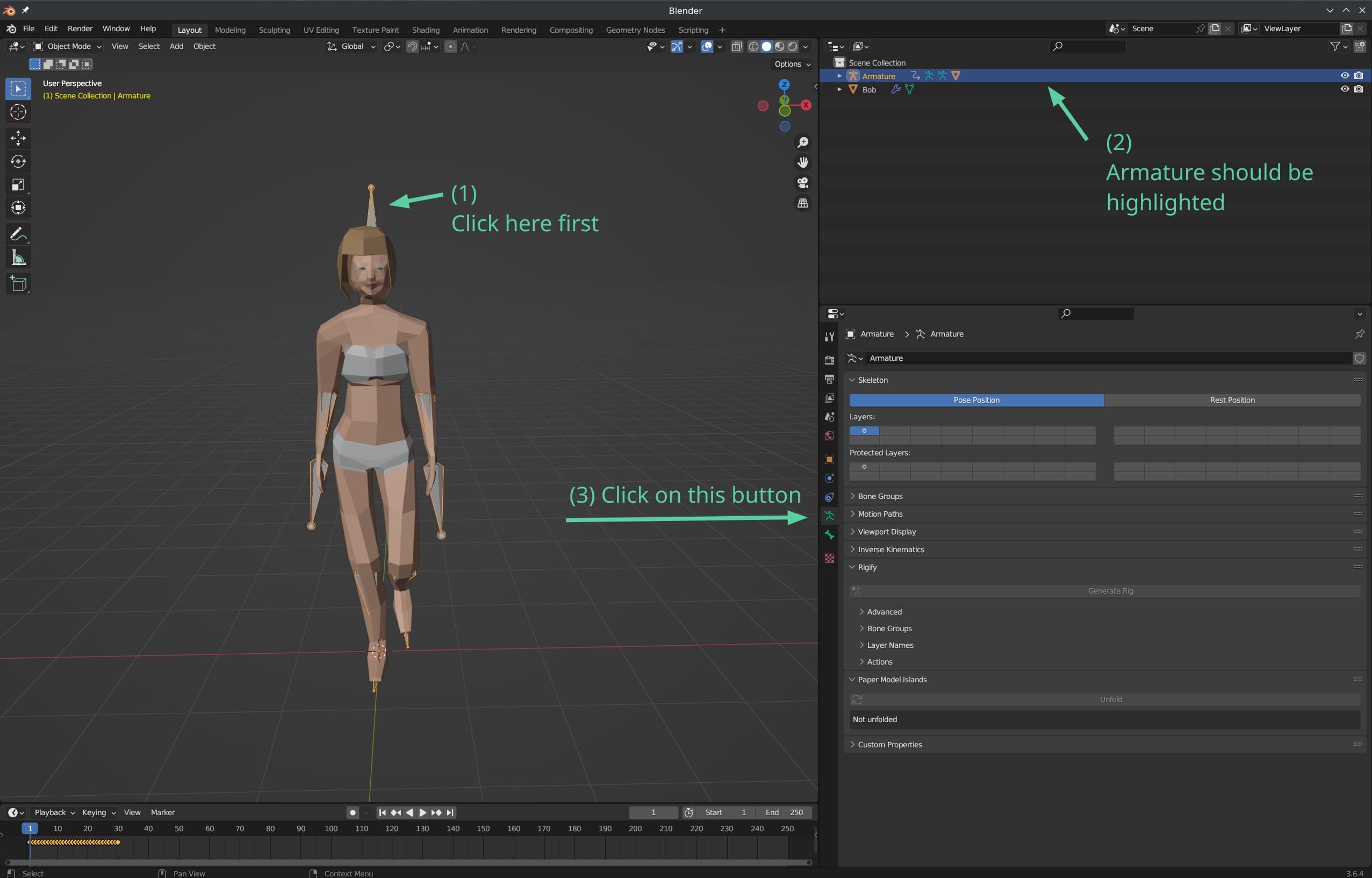 A Blender screenshot, showing the process of clicking on the bones of the armature, then seeing it highlighted, then clicking on a small green button that looks like a green stickman