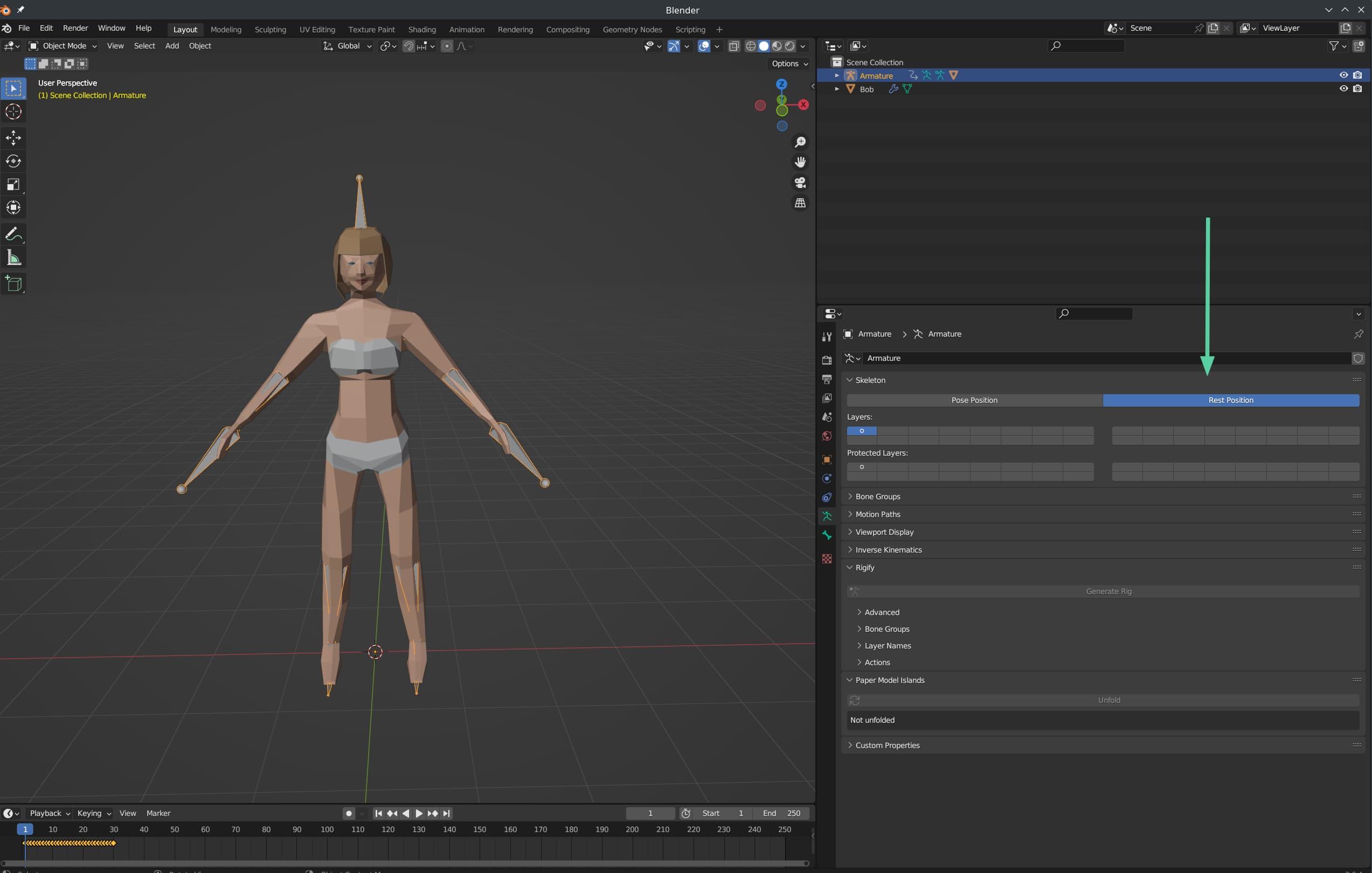 Blender screenshot, showing the location of the "Rest Position" button. The character on the left has returned to a default "A pose"