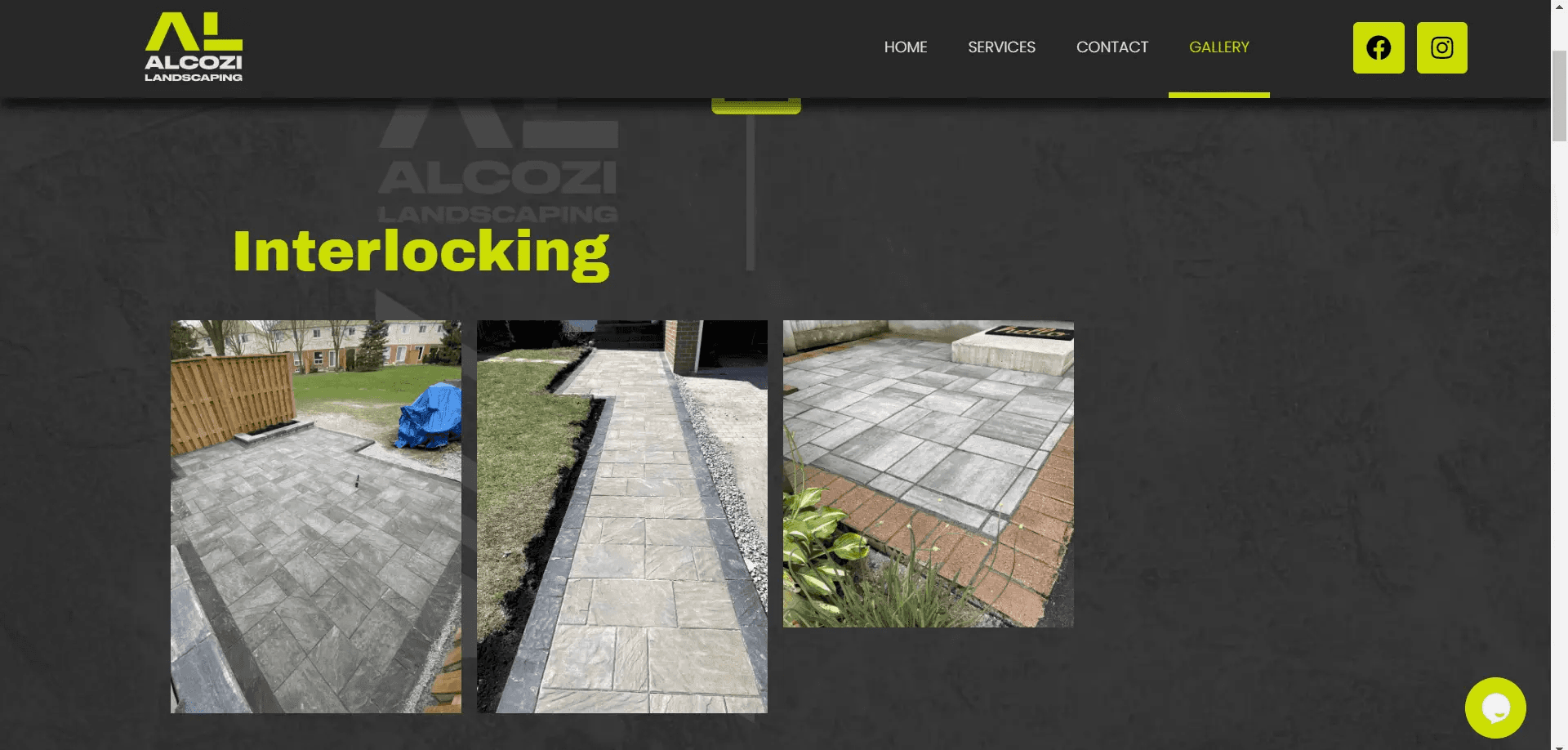 An image gallery page, showing several examples of outdoor walkways and patios created with interlocking stone bricks