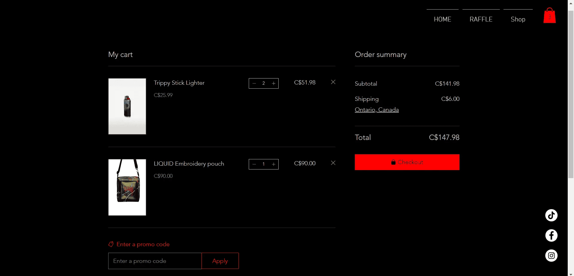 Two items are in the user's cart. The site is mostly black, with red and white accents