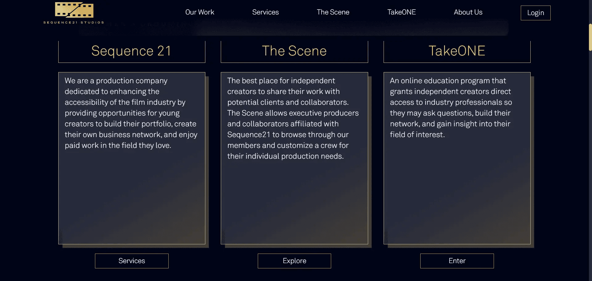 Items representing 'Sequence21', 'The Scene', and 'TakeONE' are displayed on the homepage