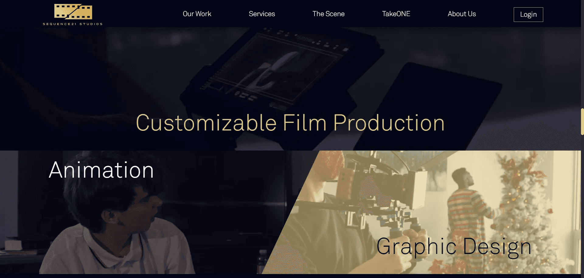Customizable Film Production, Animation, and Graphic Design are highlighted with large interactive buttons