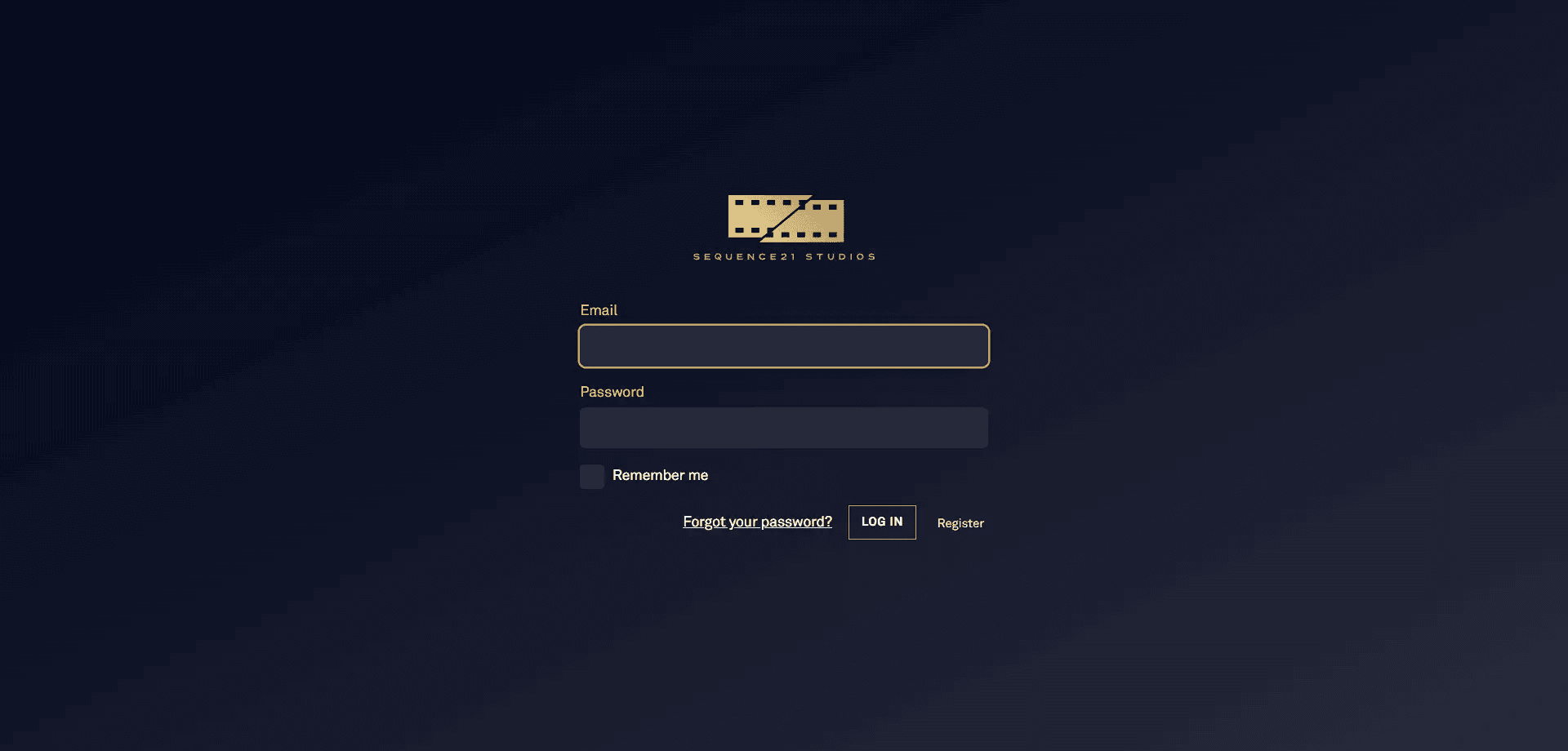 The full-page login form features and elegant email and password input