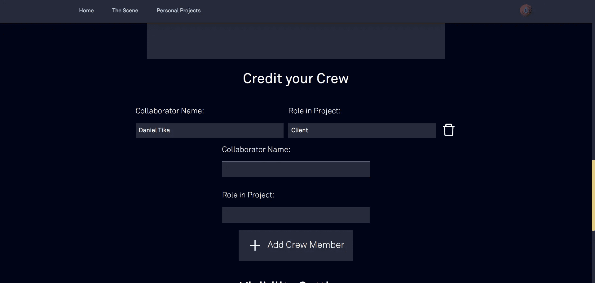 A user can credit their project's crew, by name and role, from the project editor