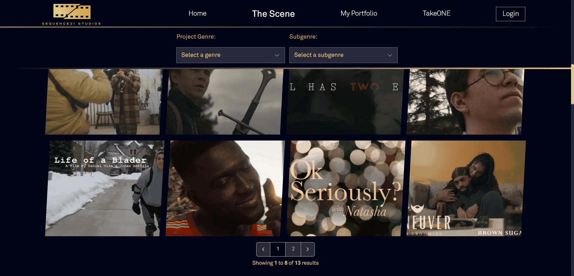 Several projects from The Scene are displayed in a grid format, along with their project images