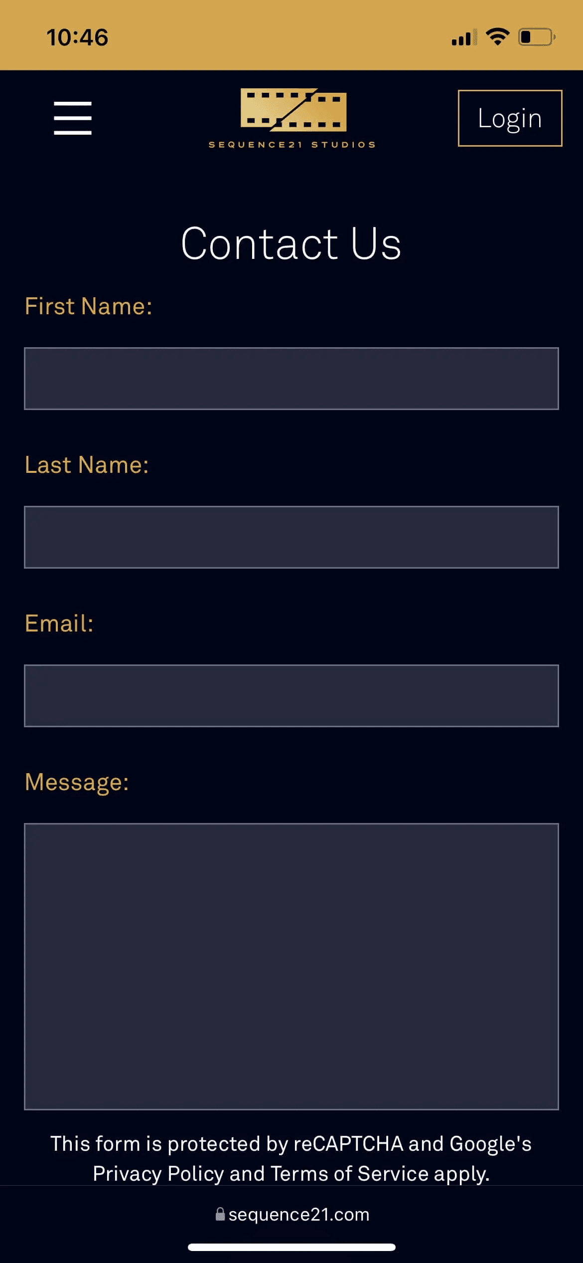 An elegant full-page contact form, with purple and gold accents is displayed on mobile devices