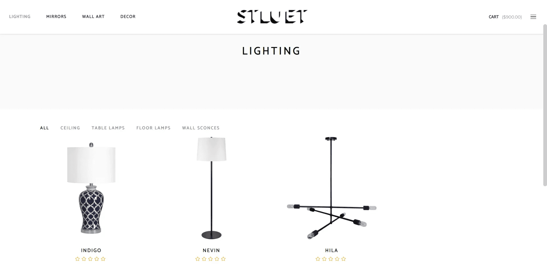 On the lighting page, divided into 'all', 'ceiling', 'table lamps', 'floor lamps', and 'wall sconces', three products are currently visible
