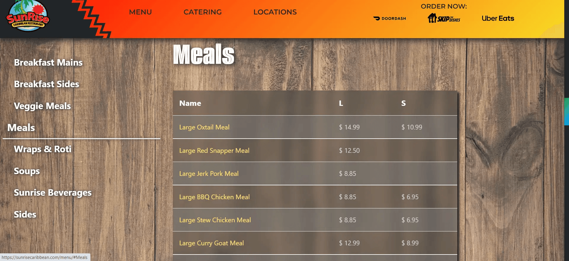 A scrolling list of menu options is on the right, and the current menu category, like 'Meals' is highlighted on the left