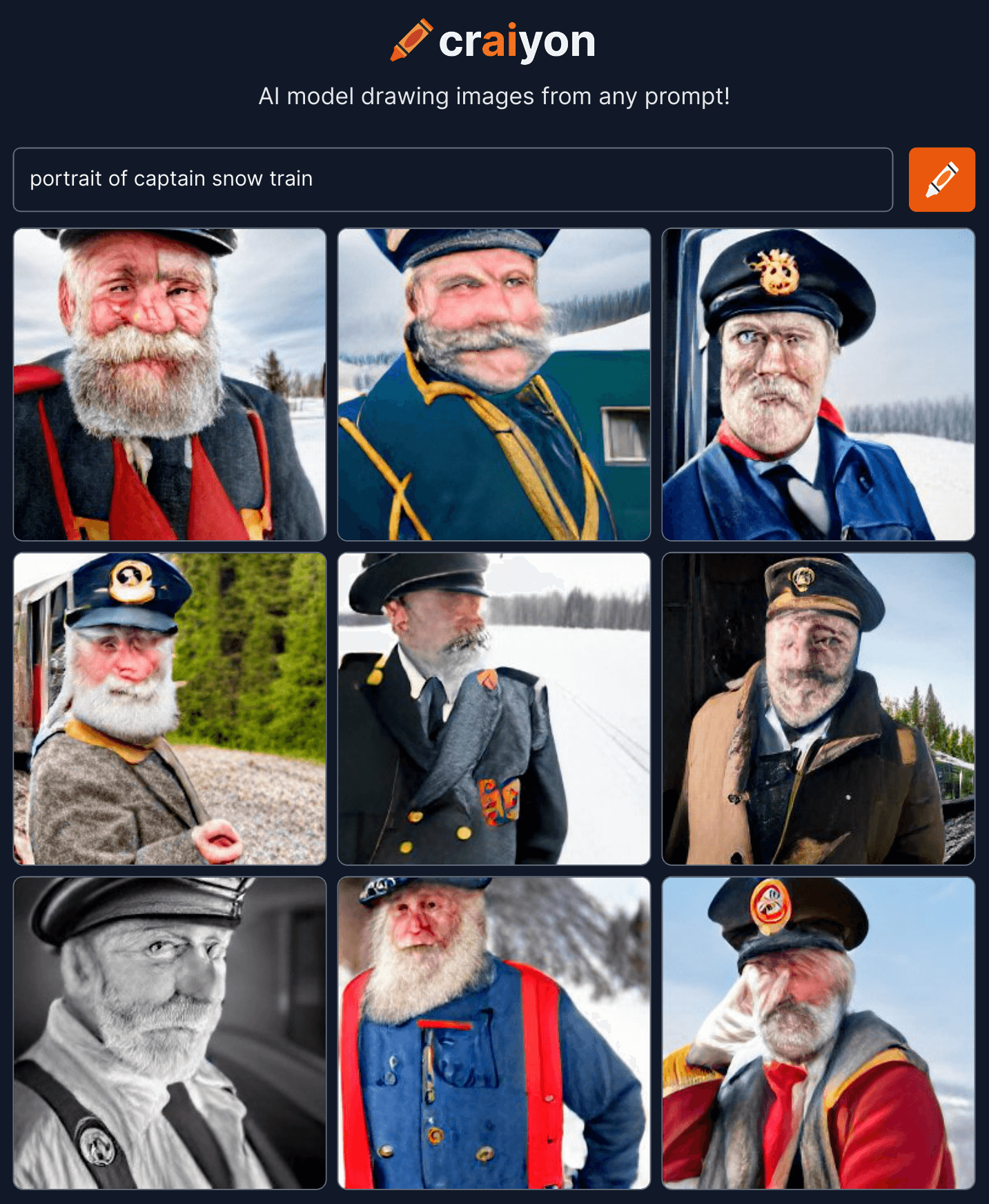 A collage of AI-generated pictures of a bearded train conductor in a snowy environment, with distorted facial features