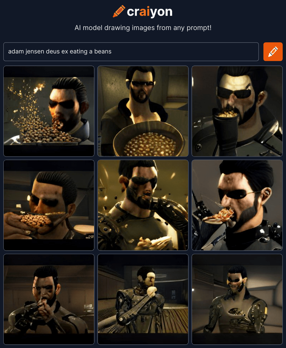 A collage of nine AI-generated images of Adam Jensen from the videogame Deus Ex: Human Revolution, consuming baked beans in various ways