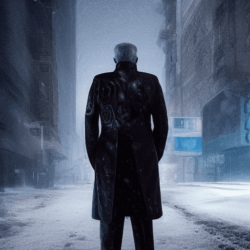 An elderly man in a black coat faces away from the camera, standing in the middle of a snowy street in an abandoned city