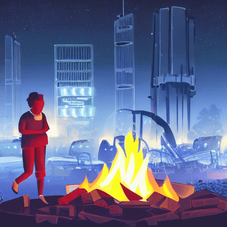 A cartoon drawing of a person standing beside a large campfire, with the remains of a post-apocalyptic city behind them
