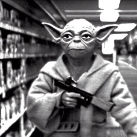 A black-and-white image of Yoda holding a firearm, looking sober, and walking through an aisle of a convenience store