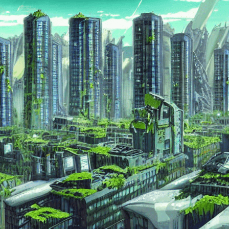 An anime-style shot of an abandoned city. Skyscrapers overgrown with green plant life.