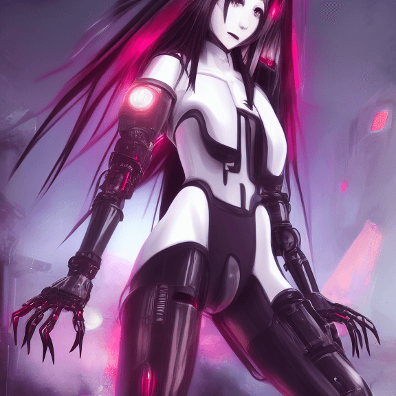 A female android with black and pink hair, a black and white exosuit, and claw-like mechanical hands