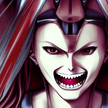 An anime-style picture of an angry cyborg woman's face, with red eyes, pointy teeth, and a red and black helmet
