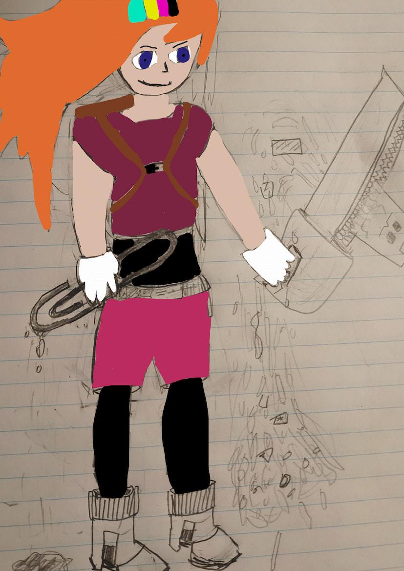 A poorly-drawn and coloured sketch of a girl with orange hair, a purple shirt, pink shorts, white gloves, and robotic boots