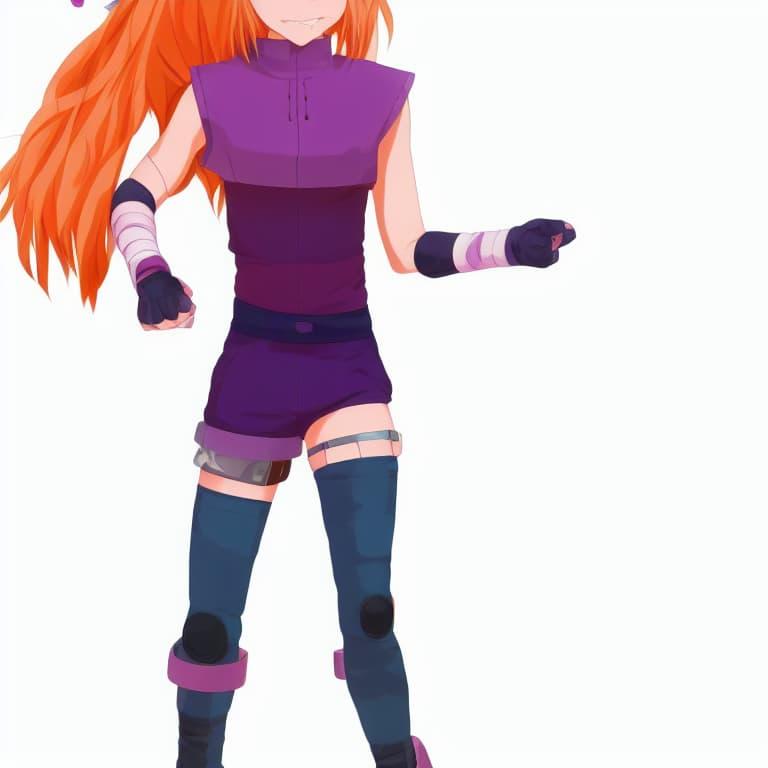 An anime-style picture of the body, arms, and legs of an orange-haired girl wearing a purple turtleneck jacket, purple shorts, and purple gloves