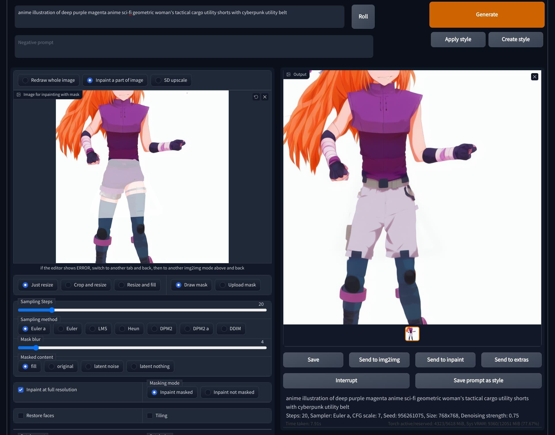 A screenshot from the Automatic1111 Stable Diffusion web interface, showing a before and after image. An area of the before image has been highlighted, and in the after image, a pair of pink shorts has been generated to fill the image