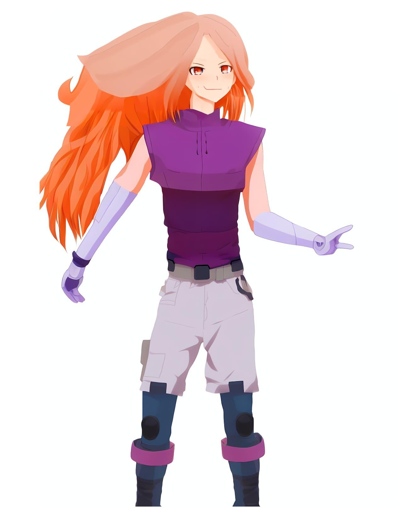 An orange-haired girl with red eyes and a smirk, wearing a purple top, lilac robotic gloves, and pink shorts
