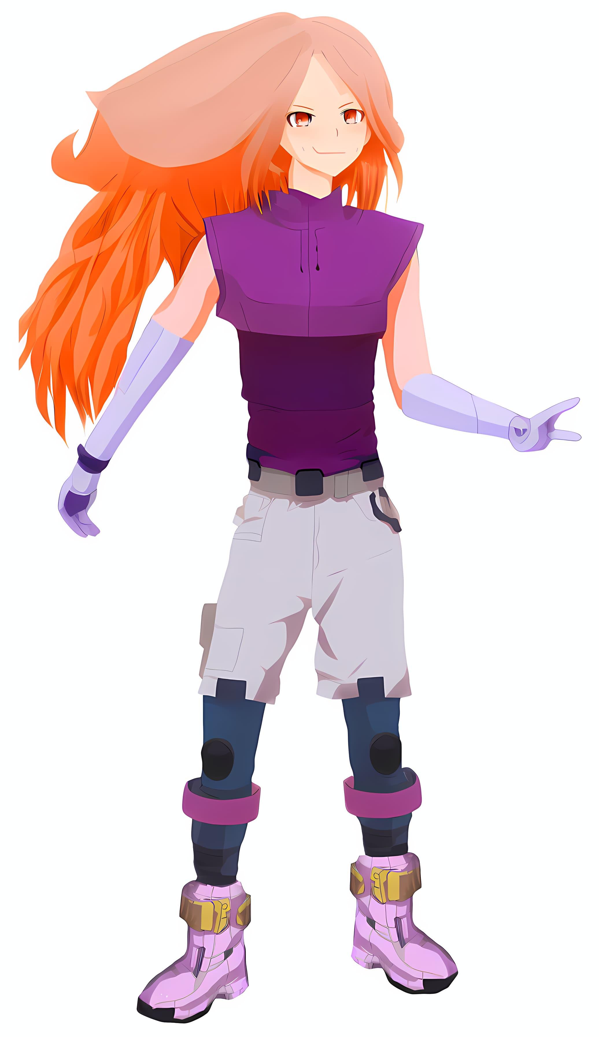 An orange-haired girl with red eyes, a purple top, lilac gloves, khaki shorts, blue robotic legs, and pink boots, on a white background. She's smirking and holding up a peace sign with her hand