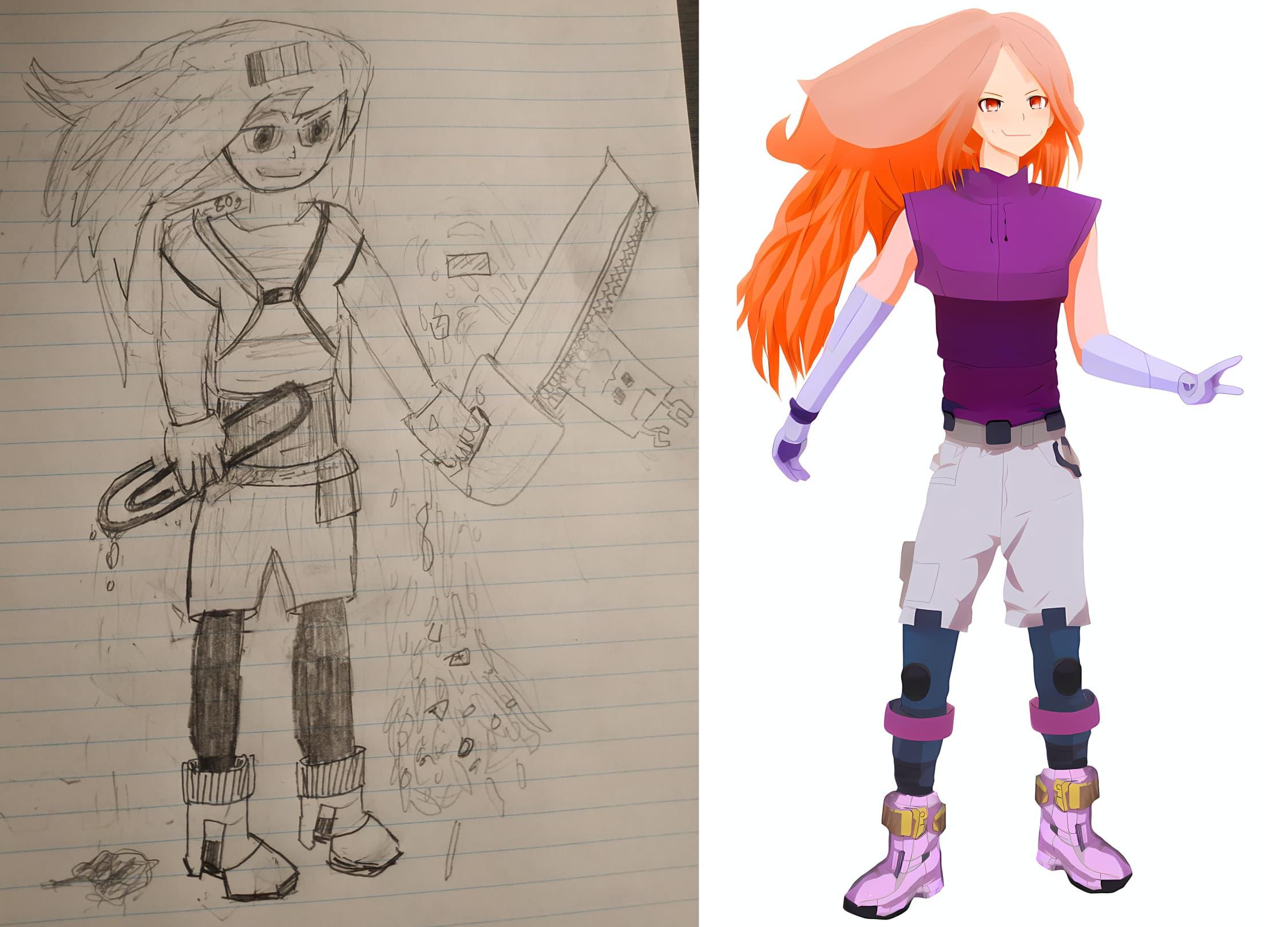 A pencil sketch of a long-haired girl wearing a t-shirt, gloves, shorts, and boots, holding a large paperclip and a paper shredder chainsaw, beside the coloured AI-generated image of Magenta from above