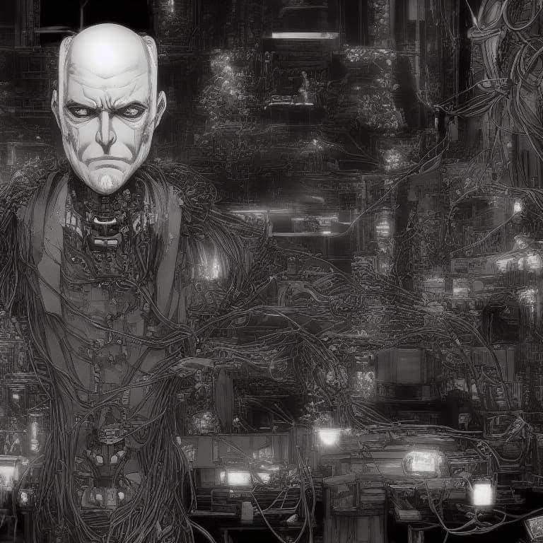 A black-and-white manga style image of an old bearded cyborg man, with a body made of wires and cables