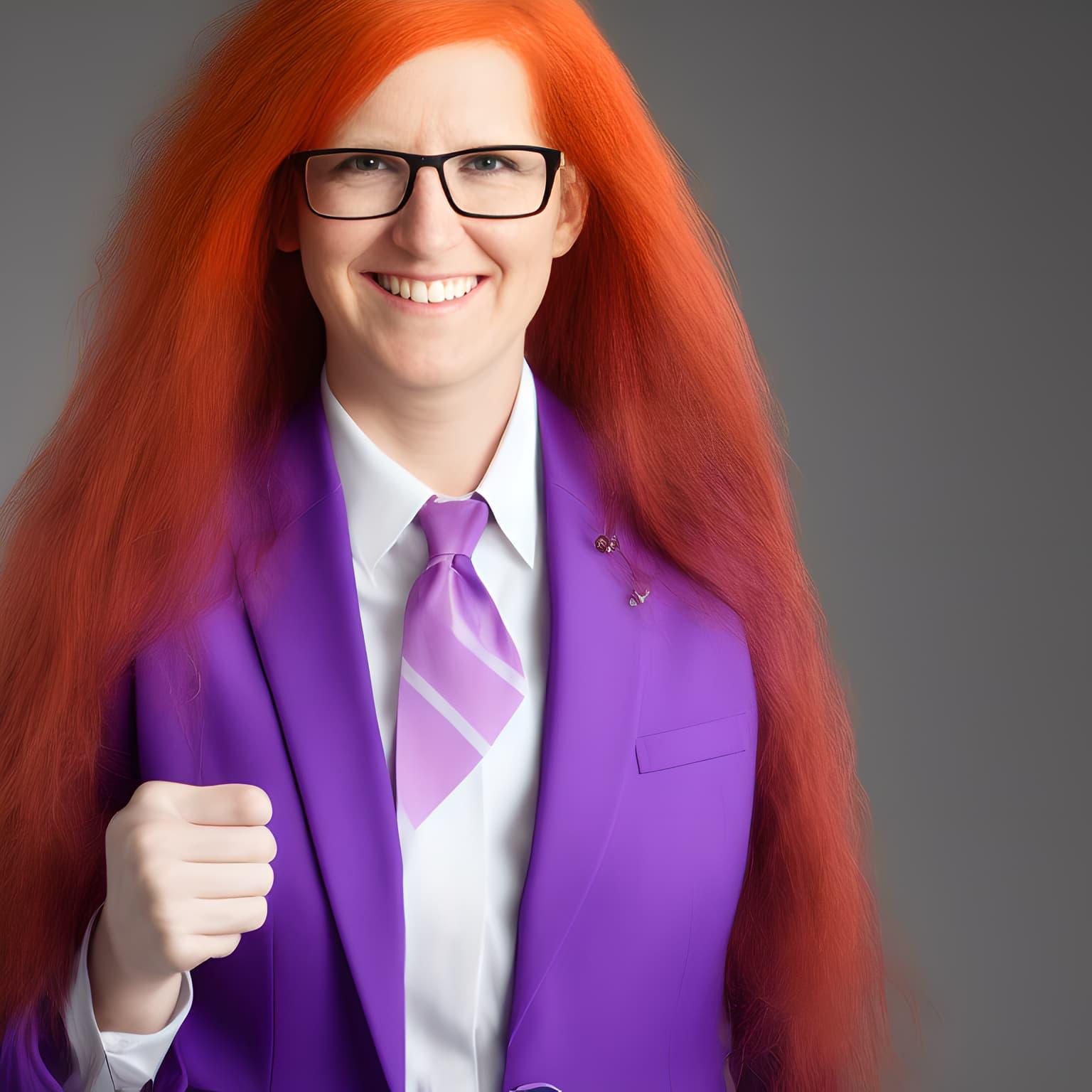 A happy, orange-haired middle-aged woman with very long hair, wearing glasses, a purple suit jacket, a white collared shirt, and a purple tie - sticking up a fist with one hand