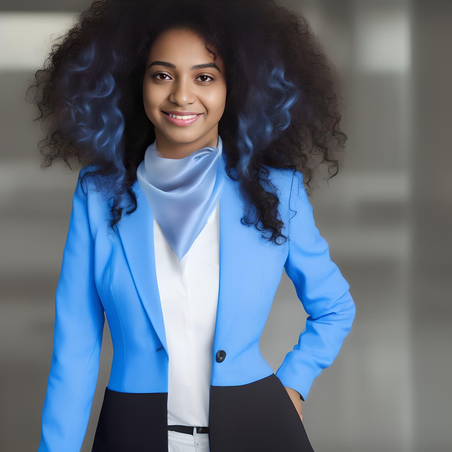 A twenty-something woman with black curly hair and blue highlights, brown skin, a black and blue suit, and a blue skirt scarf around her neck - smiling and standing