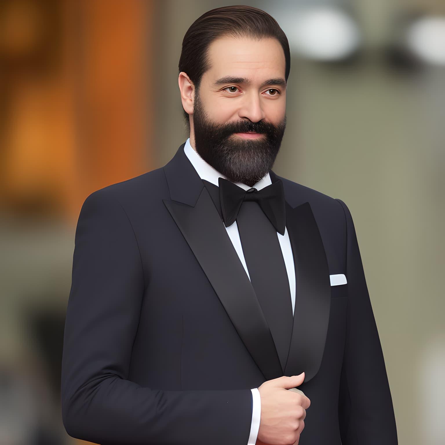 A man with slick black hair and a beard, with a happy expression, wearing a black suit jacket with a tie that appears to be a cross between a bowtie and a regular necktie