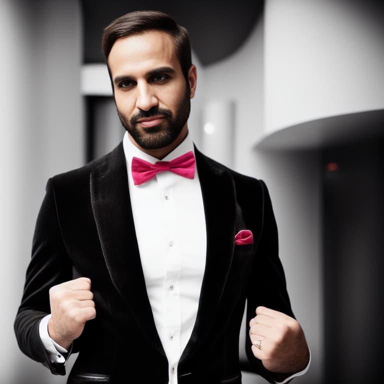 A black-haired bearded man of Arabic descent wearing a black felt suit jacket with a pink bowtie on a white dress shirt, standing with confidence and showing fists