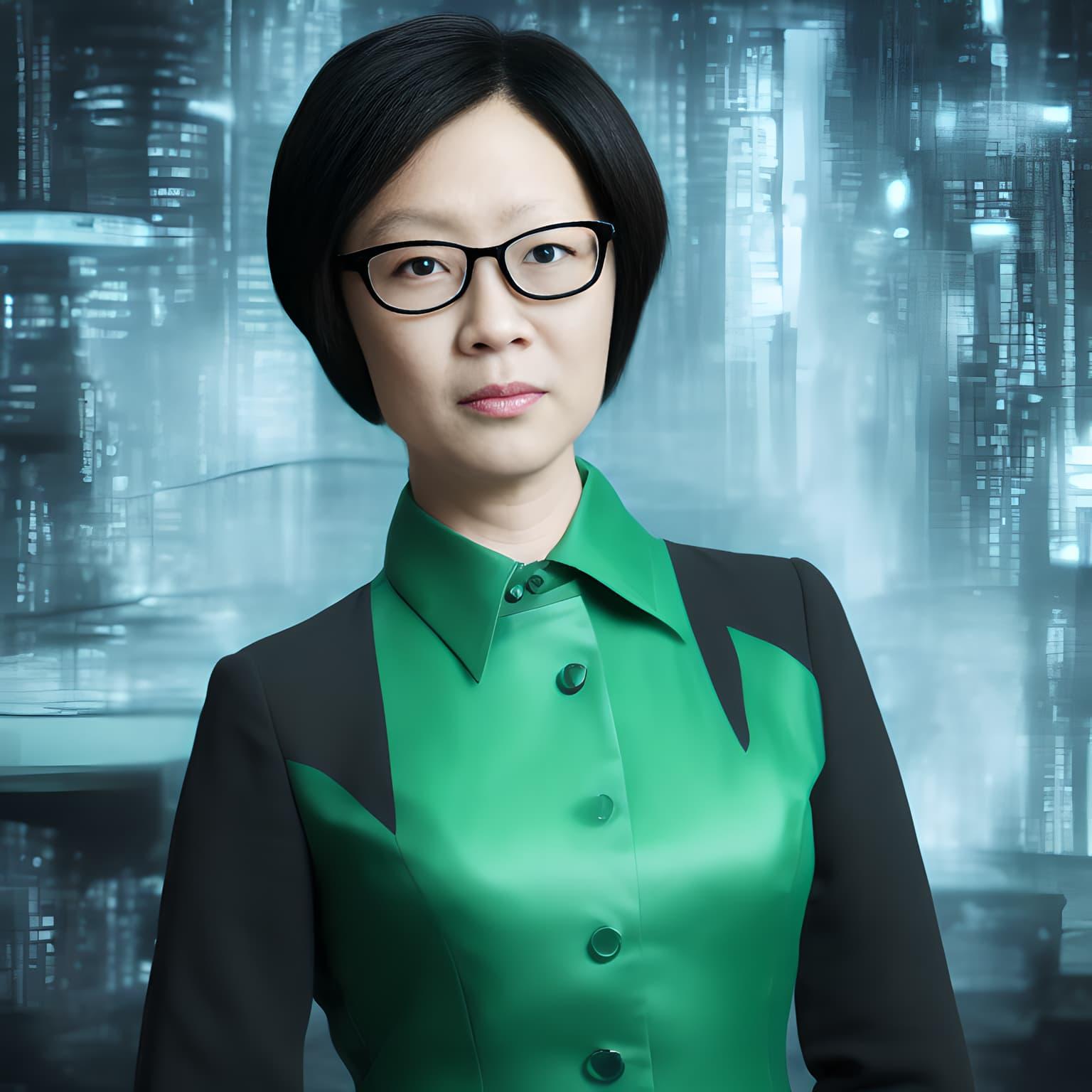 A Korean woman with short black hair and glasses, in a futuristic green and black suit, with a cyberpunk city in the background, with a neutral expression