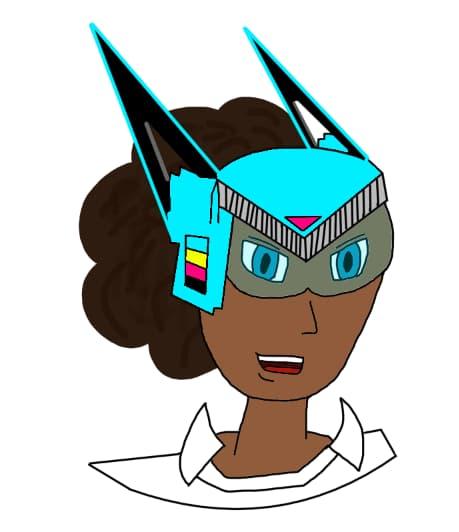 A crude coloured drawing of a female cyborg with a cyan helmet and visor, a brown afro, brown skin, and a white collared shirt