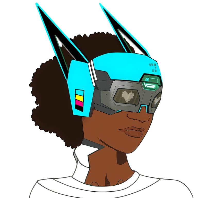 A headshot of a female cyborg with a cyan helmet, a brown afro, a neutral expression, a white shirt, and pixel-art hearts for eyes