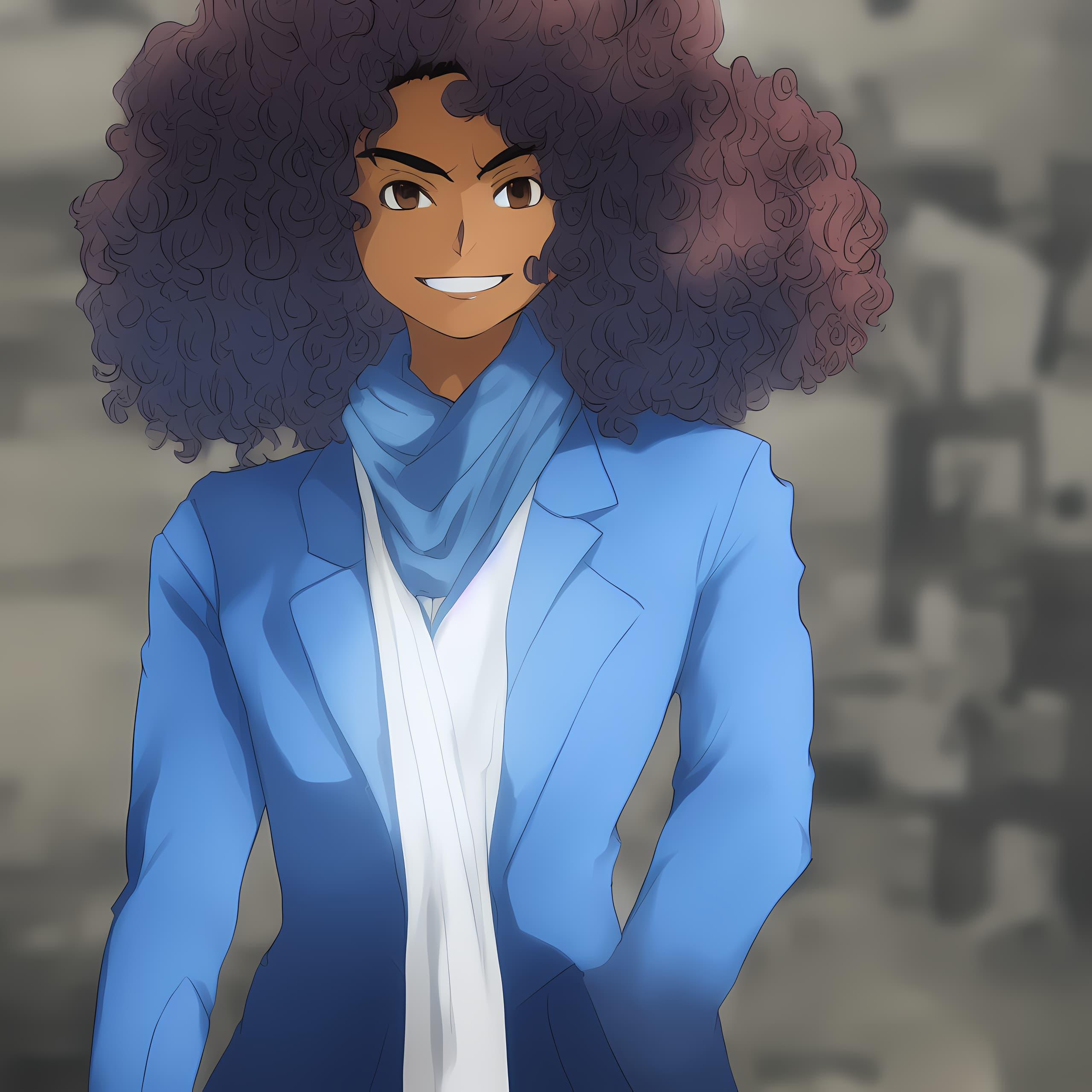 An anime-style illustration of a woman with a large brown afro and a blue and white suit and scarf