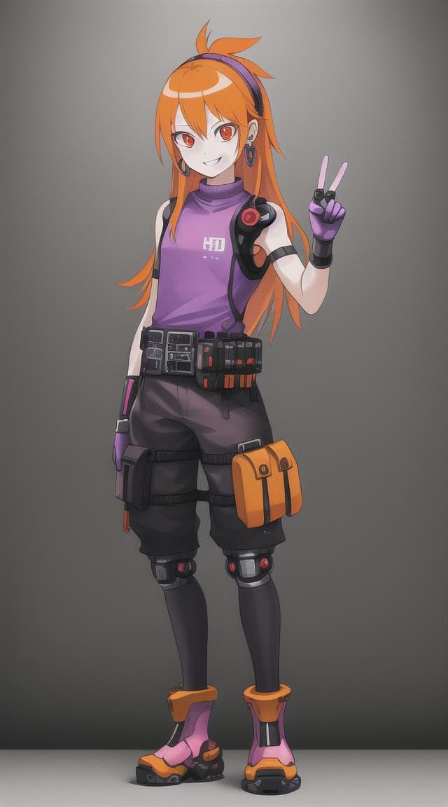 An anime illustration of an orange-haired girl wearing a purple sleeveless top, black shorts, an orange fanny pack, and pink and orange robotic boots. She is holding up a peace sign with her mechanical hand