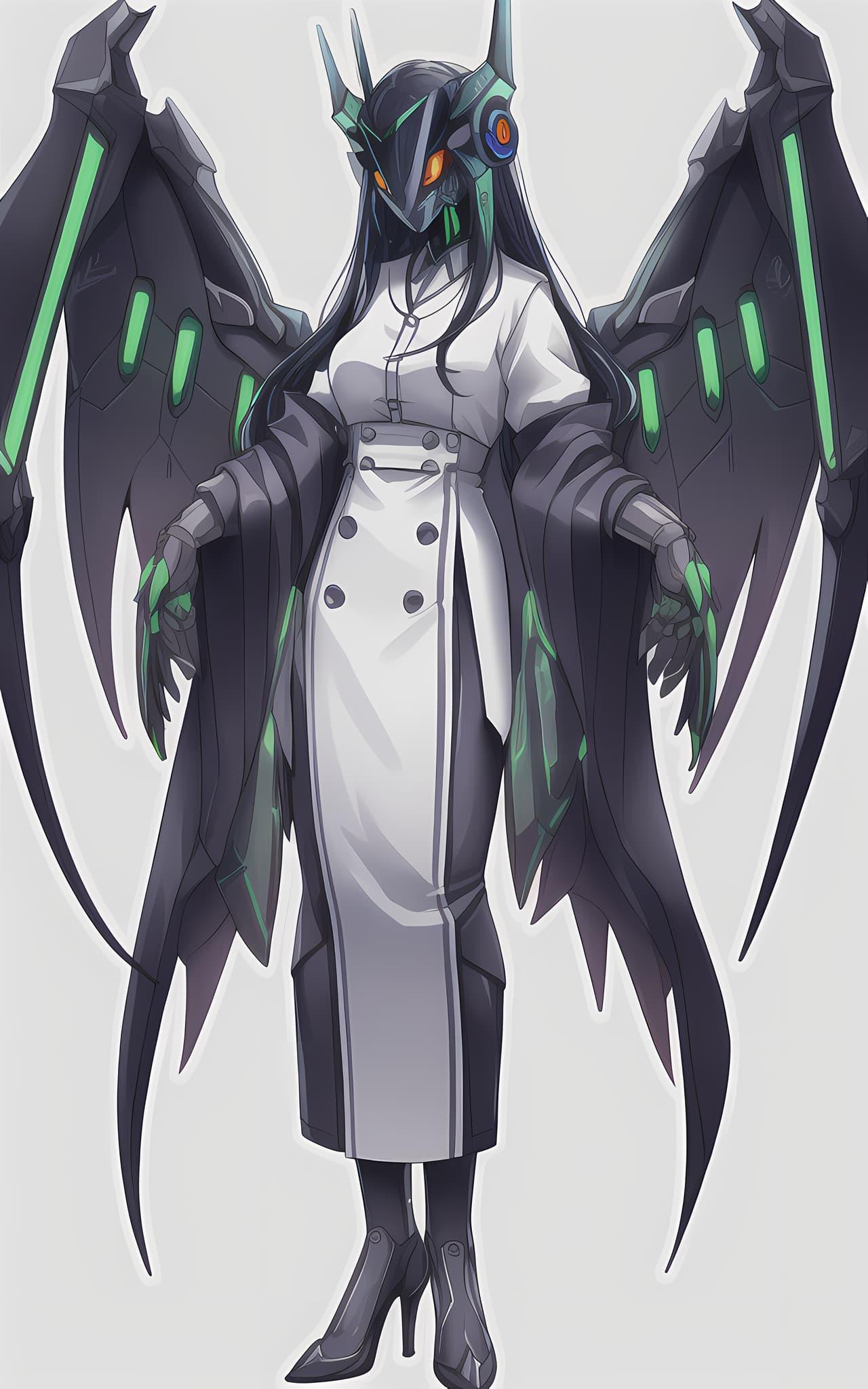 An android woman wearing a lab coat, with large mechanical wings on her back and a full-face cybernetic helmet